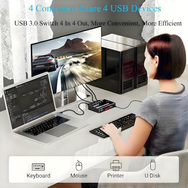 USB 3.0 Switch Selector 4 Computers 4 Port USB KVM Switch For 4 PC Share 4 USB Devices For Keyboard Mouse Printer Wired Remote And 4 USB 3.0 Cables Included
