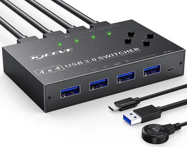 USB 3.0 Switch Selector 4 Computers Share 4 USB 3.0 Ports 4 in 4 Out USB 3.0 Switch for Keyboard Mouse Switch USB Switcher Compatible with Mac/Windows/Linux Wired Remote and 4 USB 3.0 Cable Included