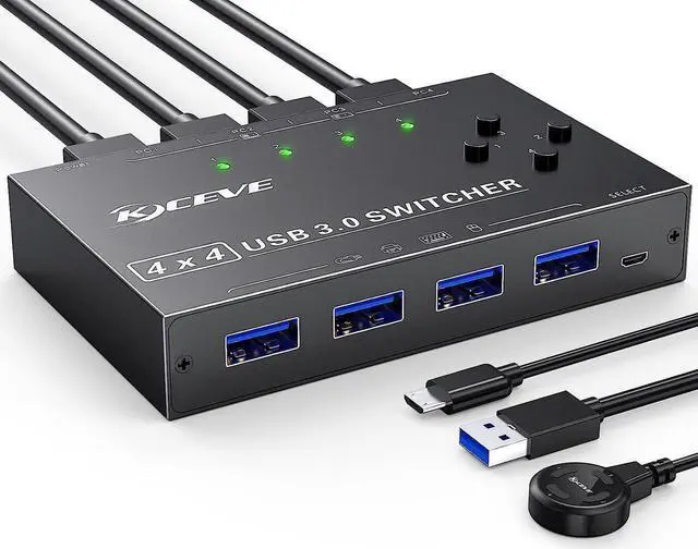 USB 3.0 Switch Selector 4 Computers Share 4 USB 3.0 Ports 3.0 Switch for Keyboard Mouse Switch USB Switcher Compatible with Mac/Windows/Linux Wired Remote and 4 USB 3.0 Cable Included