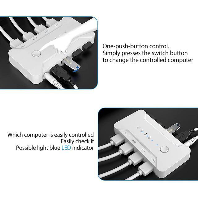 USB 3.0 Switch Selector 4 Port 4 Computers Peripheral USB Switcher Selector Hub For Mouse Keyboard Scanner Printer USB Disk PC USB KVM Switch With One Button Switch And 4 Pack USB Cable 1 DC Cable
