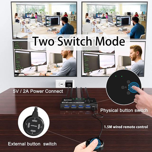 USB 3.0 Switch Selector 4 Port 4 In 4 Out USB KVM Switcher 4 Computers Sharing 4 USB Devices USB Peripheral Switcher For Keyboard Mouse Printer Scanner With Wired Remote Button And 4 USB 3.0 Cable