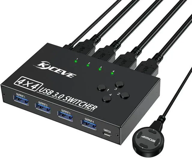 USB 3.0 Switch Selector 4 Port 4 in 4 Out USB KVM Switcher 4 Computers Sharing 4 USB Devices USB Peripheral Switcher for Keyboard Mouse Printer Scanner with Wired Remote Button and 4 USB 3.0 Cable