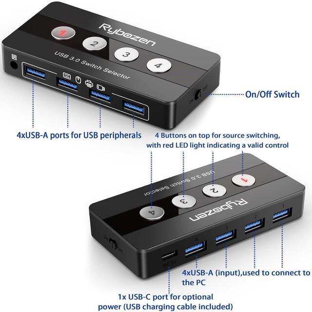 USB 3.0 Switch Selector 4 Port KVM Switch USB Peripheral Switcher Box 4 Computers Sharing 4 USB Devices Button Switch & Remote Control