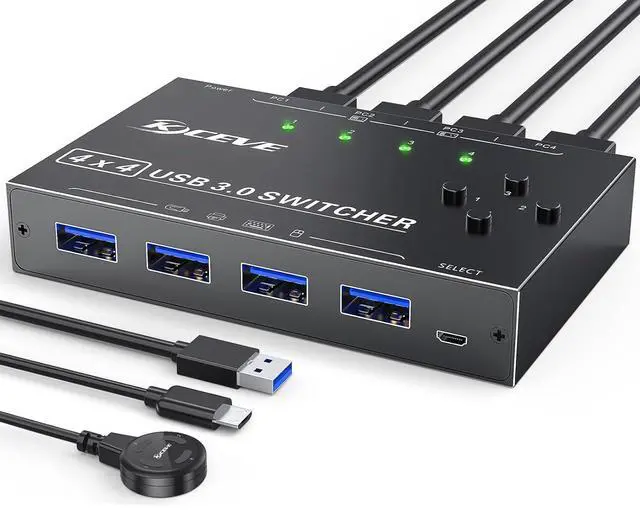USB 3.0 Switch Selector 4 Port KVM Switcher 4 Computers Sharing 4 USB Devices USB Peripheral Switcher for Keyboard Mouse Printer Scanner with Wired Remote Button and 4 USB 3.0 Cable