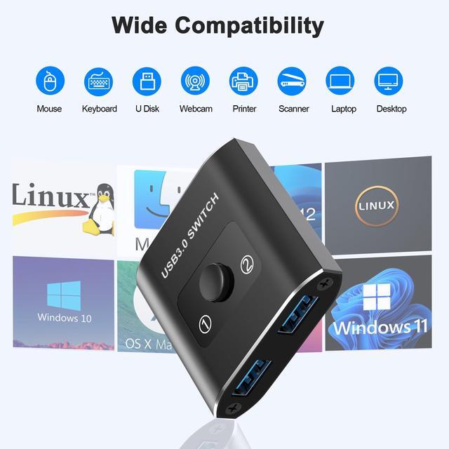 USB 3.0 Switch Selector - Bi-Directional 1 In 2 Out/ 2 In 1 Out Share USB Devices Between 2 Computers For Printer Keyboard Scanner Mouse - Compatible With Mac/Win/Linux