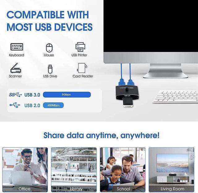 USB 3.0 Switch Selector Bi-directional USB 3.0 KVM Switch 5Gbps 2 In 1 Out / 1 In 2 Out USB 3.0 Switcher Adapter For Keyboard Mouse Scanner Printer (with 2x USB 3.0 Cables)