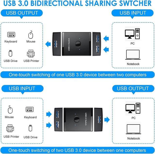 USB 3.0 Switch Selector Bi-Directional USB Switch 2 In 1 Out / 1 In 2 Out USB Switcher Adapter For Keyboard Mouse Scanner Printer USB KVM Switch Compatible With Mac/Windows/Linux
