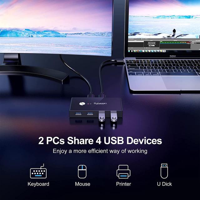 USB 3.0 Switch Selector KM Switch Adapter 4 Port 2 Computers USB Peripheral Switcher Box Hub For Mouse Keyboard Scanner Printer PC With One Button Swapping And 2 Pack USB Cable