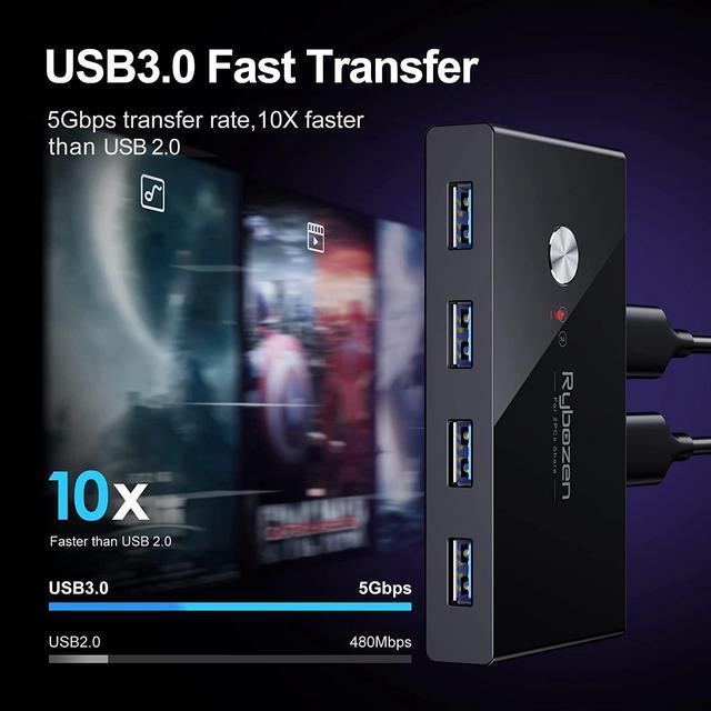 USB 3.0 Switch Selector KM Switch Adapter 4 Port 2 Computers USB Peripheral Switcher Box Hub For Mouse Keyboard Scanner Printer PC With One Button Swapping And 2 Pack USB Cable