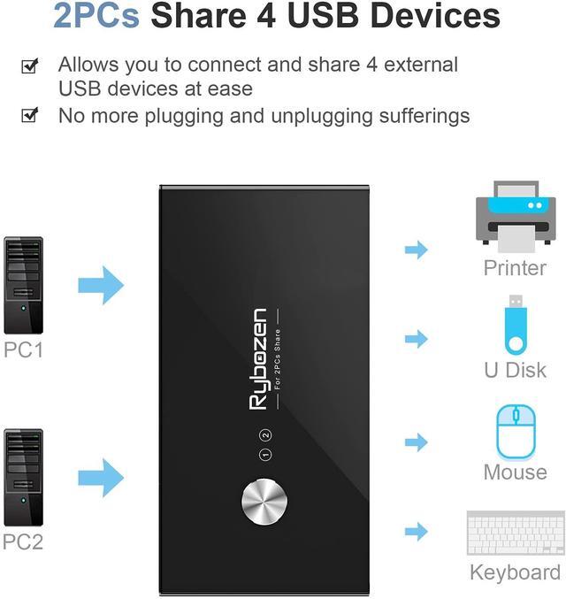 USB 3.0 Switch Selector KVM Switch Adapter 4 Port 2 Computers USB Peripheral KM Switcher Box Hub For Mouse Keyboard Scanner Printer PC With One Button Swapping And 2 Pack USB Cable