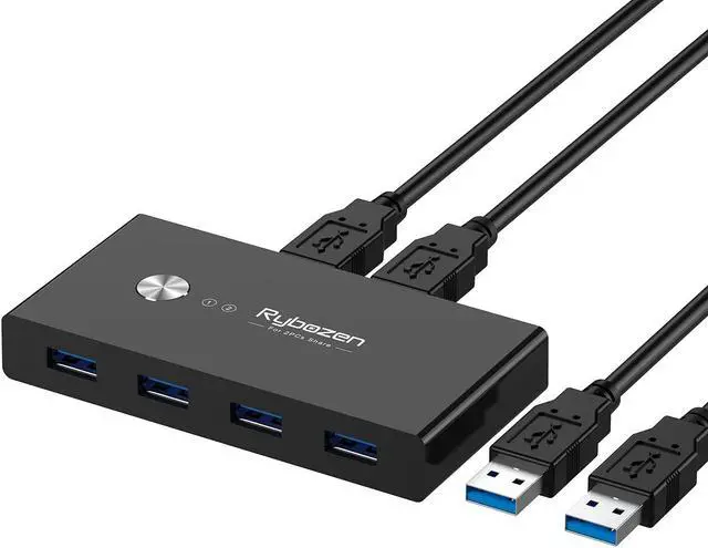 USB 3.0 Switch Selector KVM Switch Adapter 4 Port 2 Computers USB Peripheral KM Switcher Box Hub for Mouse Keyboard Scanner Printer PC with One Button Swapping and 2 Pack USB Cable
