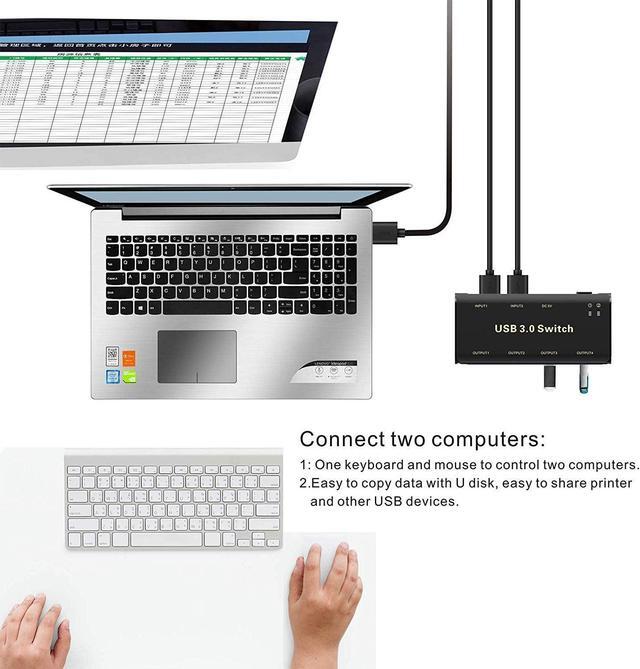 USB 3.0 Switch Selector USB KVM Switcher Adapter 4 Port USB Peripheral Switcher Box Hub For Mouse Keyboard Scanner Printer PCs With One-Button Switch And 2 Pack USB Cable
