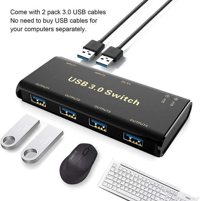 USB 3.0 Switch Selector USB KVM Switcher Adapter 4 Port USB Peripheral Switcher Box Hub For Mouse Keyboard Scanner Printer PCs With One-Button Switch And 2 Pack USB Cable