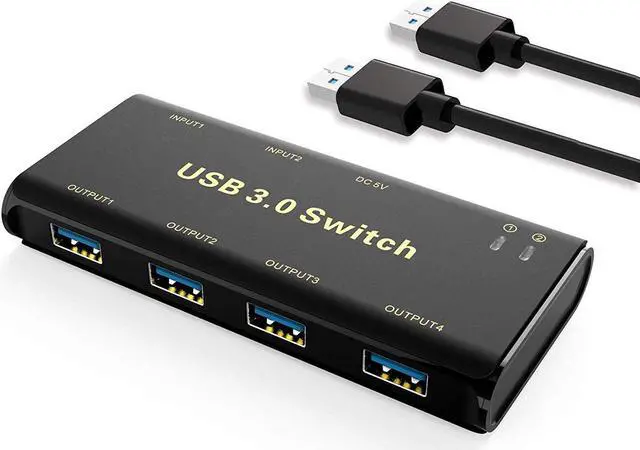 USB 3.0 Switch Selector USB KVM Switcher Adapter 4 Port USB Peripheral Switcher Box Hub for Mouse Keyboard Scanner Printer PCs with One-Button Switch and 2 Pack USB Cable