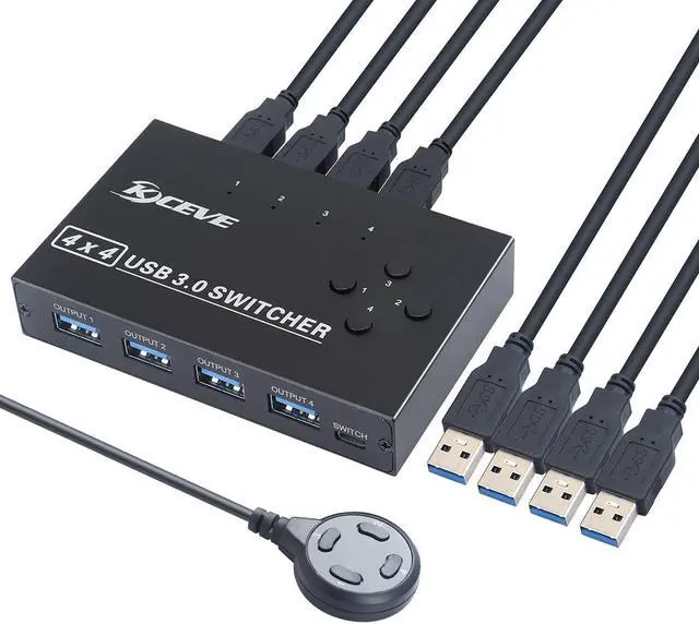 USB 3.0 Switch USB Switcher Selector 4 Computer Sharing 4 USB Devices Printer Scanner Mouse Keyboard Compatible with Mac/Windows/Linux with 4 Pack USB 3.0 Cables