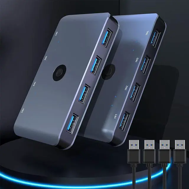 USB 3.0 Switcher Selector Aluminum KVM Switcher 4 Computers Sharing 4 USB Devices USB 3.0 Peripheral Switcher Box 4 in 4 Out for Printer Mouse Scanner with One-Button Swapping and 4 Pack Male Cable
