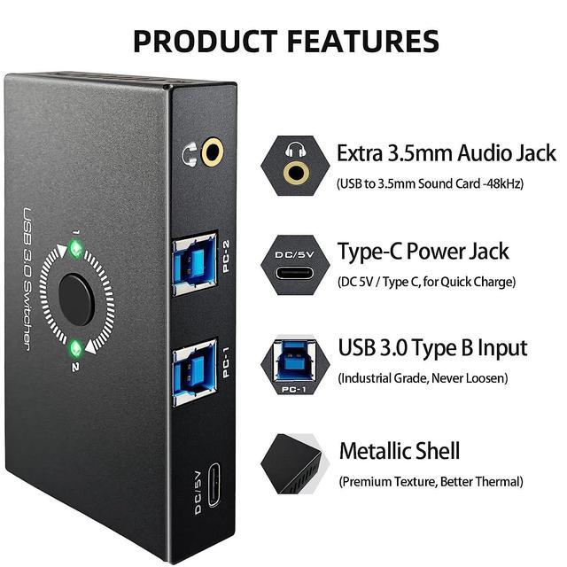 USB 3.0 Switcher USB Switch Selector For 2 Computers Share 4 USB 3.0 Devices And 3.5mm Headphones Speakers KVM Switcher Hub Adapter For PC Printer Keyboard Scanner Mouse U-Disk Speaker