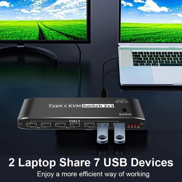 USB-C 8K KVM Switch 2 PC Input 1 DP/HDMI Monitor Output 8K 60Hz 4K 144Hz 2-Port 100W PD With 7 USB2.0 Port 3.5mm Audio Jack RJ45 2 PC Sharing One USB Keyboard Mouse U Disks