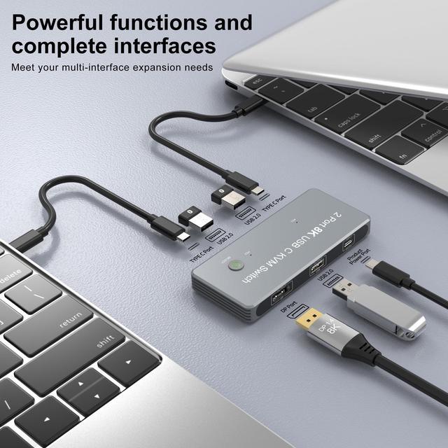 USB-C 8K KVM Switch 2x USB-C PC To 1x DisplayPort Monitor KVM Switch Compatible With Thunderbolt 3/4 Sharing 3x USB2.0 Mouse Keyboard Printer