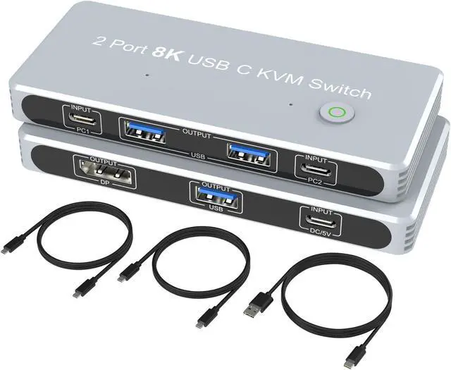 USB-C 8K KVM Switch DP 1.4 2xUSB-C PC to One DisplayPort Monitors 8K 60Hz 4K 144Hz 3X USB2.0 Sharing Mouse Keyboard Printer 2in 4out Converter Compatible with Thunderbolt 3/4