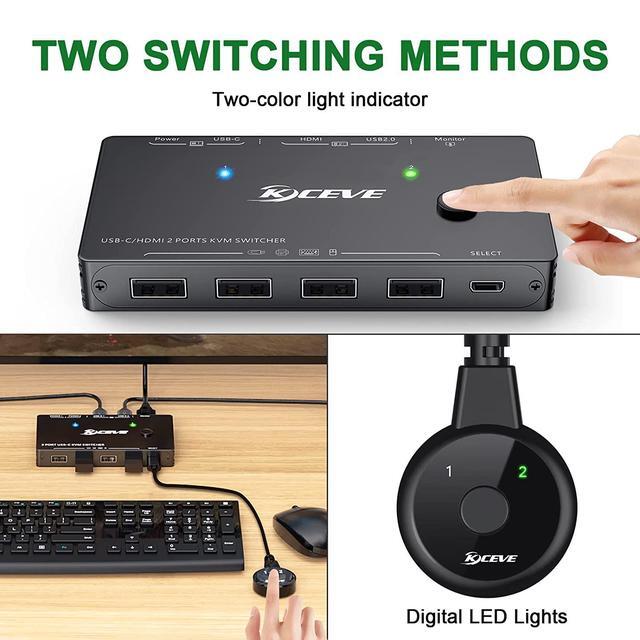 USB-C HDMI KVM Switch 2 Ports USB C +HDMI KVM Switcher Support 4K 60Hz For 1 Type-C And 1 HDMI Computer To Share Keyboard Mouse And Monitor Suppprt 100W PD Fast Charging Wired Remote Included