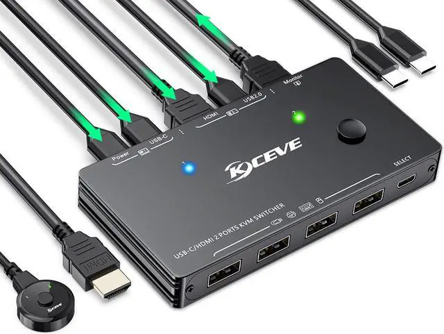 USB-C HDMI KVM Switch 2 Ports USB C +HDMI KVM Switcher Support 4K 60Hz for 1 Type-C and 1 HDMI Computer to Share Keyboard Mouse And Monitor Suppprt 100W PD Fast Charging Wired Remote included