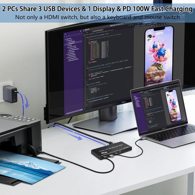 USB-C KVM Switch 2 In 1 Out (HDMI Or DP Out) 2 Port Type-C KVM Switch USB-C KVM With 4 USB 2.0 Port Support 8K 60Hz 100W PD Fast Charging 2 PC Share Mouse Keyboard And DisplayPort/HDMI Monitor