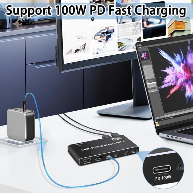 USB-C KVM Switch 2 In 1 Out (HDMI Or DP Out) 2 Port Type-C KVM Switch USB-C KVM With 4 USB 2.0 Port Support 8K 60Hz 100W PD Fast Charging 2 PC Share Mouse Keyboard And DisplayPort/HDMI Monitor