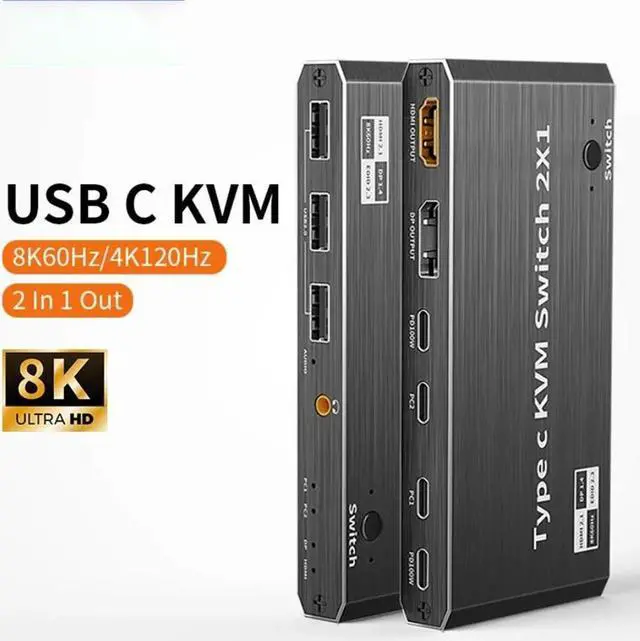 USB-C KVM Switch 2 in 1 Out (HDMI or DP Out) 2 Port Type-C KVM Switch USB-C KVM with 4 USB 2.0 Port Support 8K 60Hz 100W PD Fast Charging 2 PC Share Mouse Keyboard and DisplayPort/HDMI Monitor