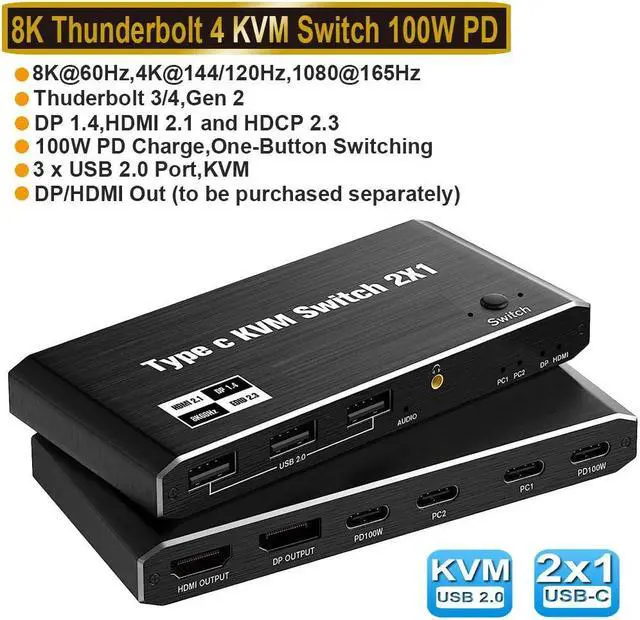 USB C KVM Switch 2 Port 8K 60Hz 4K 120Hz- with 3 USB 2.0 Ports & 100W Power Delivery Type C KVM Switch 2x1 for 2 Computers Share 1 Monitor Keyboard & Mouse Compatible Laptop with 2 USB C Cables