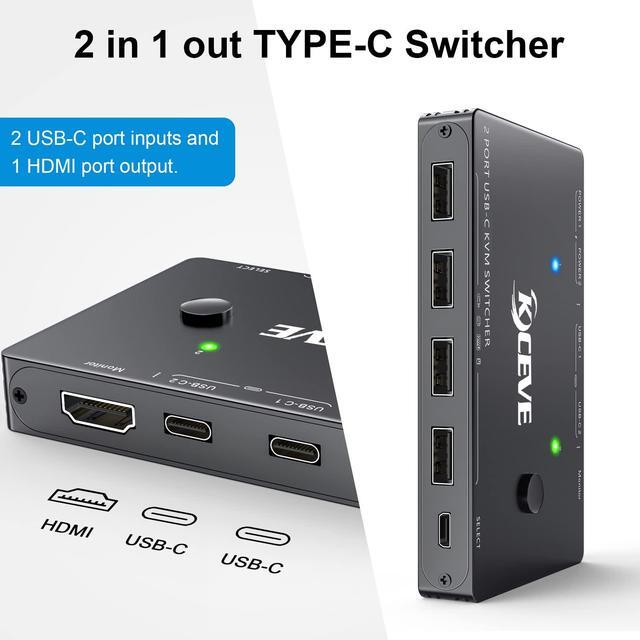 USB-C KVM Switch 2 Ports KVM Type-C Switcher Box Support 4K 60Hz For 2 Computers Share Keyboard Mouse And Monitor Suppprt 87W PD Fast Charging