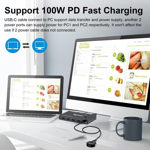 USB-C KVM Switch 2 Ports KVM Type-C Switcher Box Support 4K 60Hz For 2 Computers Share Keyboard Mouse And Monitor Suppprt 87W PD Fast Charging