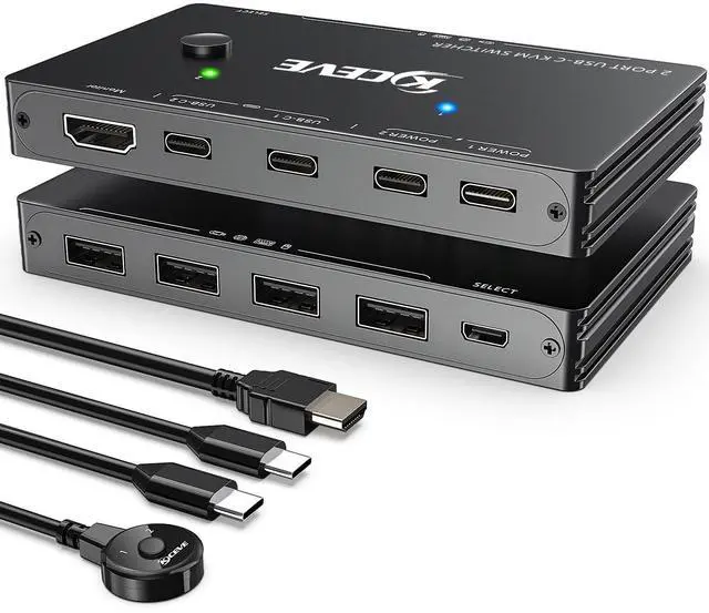 USB-C KVM Switch 2 Ports KVM Type-C Switcher Box Support 4K 60Hz for 2 Computers Share Keyboard Mouse and Monitor Suppprt 87W PD Fast Charging