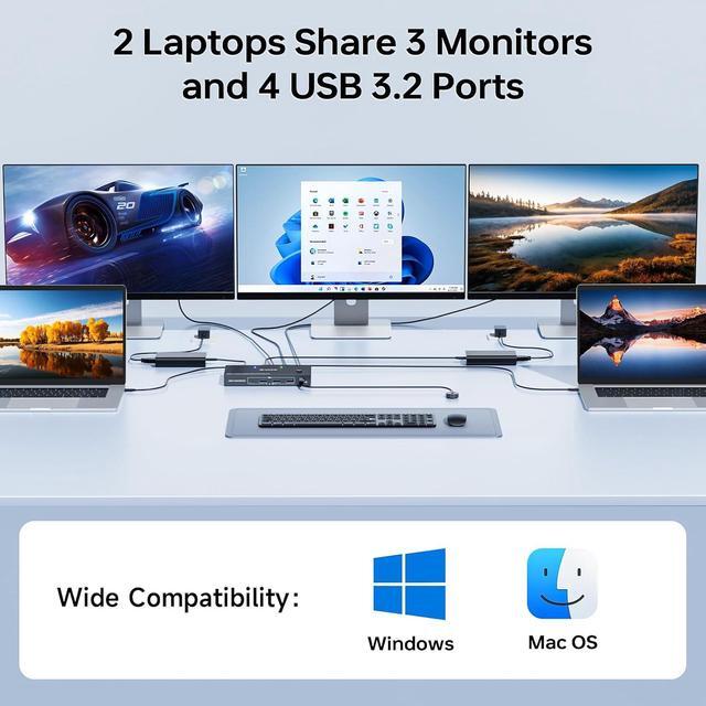 USB C KVM Switch 3 Monitors 2 Laptops 4K 1080P 60Hz USB-C Docking Station Triple Monitor KVM Switches With 4 USB 3.2 Ports 10Gbps 80W PD Charging For Windows And Mac OS Driver Installation Is Required