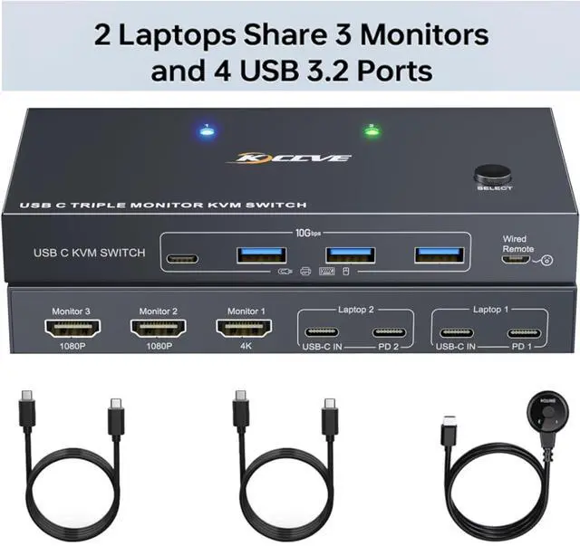 USB C KVM Switch 3 Monitors 2 Laptops 4K 1080P 60Hz USB-C Docking Station Triple Monitor KVM Switches with 4 USB 3.2 Ports 10Gbps 80W PD Charging For Windows and Mac OS Driver Installation is Required