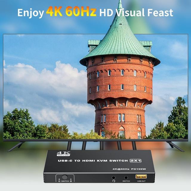 USB C KVM Switch 4K 60Hz 2 Ports Type-C To HDMI 2.0 KVM Switcher For 2 USB-C Port Laptops Share 1 HDMI Monitor 3 USB Ports For Keyboard Mouse Printer 100W PD Charging 2 USB Cables And Controller