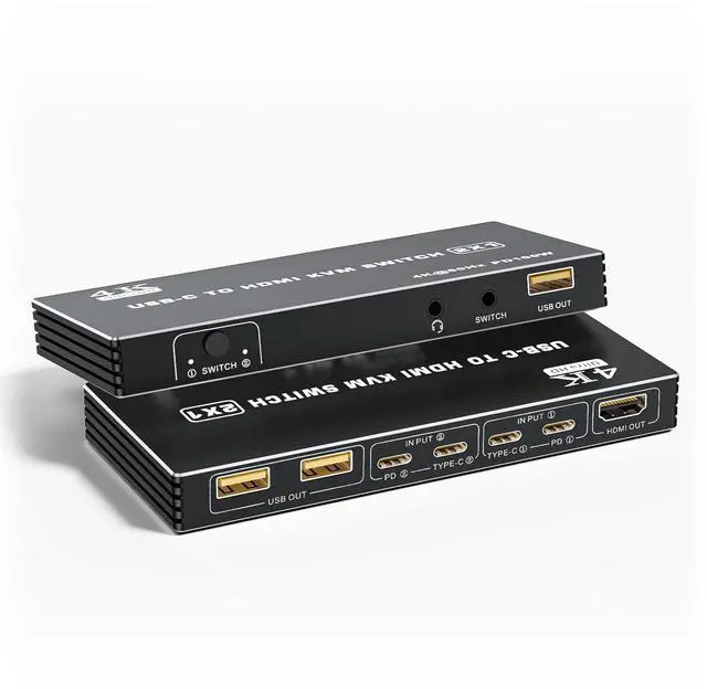 USB C KVM Switch 4K 60Hz 2 Ports Type-C to HDMI 2.0 KVM Switcher for 2 USB-C Port Laptops Share 1 HDMI Monitor 3 USB Ports for Keyboard Mouse Printer 100W PD Charging 2 USB Cables and Controller