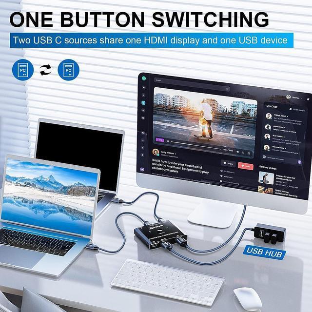 USB C KVM Switch 4K 60Hz USB C Switch For 2 Computers Share HDMI Display And Keyboard Mouse Type C KVM Switch Compatible With Windows And MacOS Wired Remote And Power Cable Included