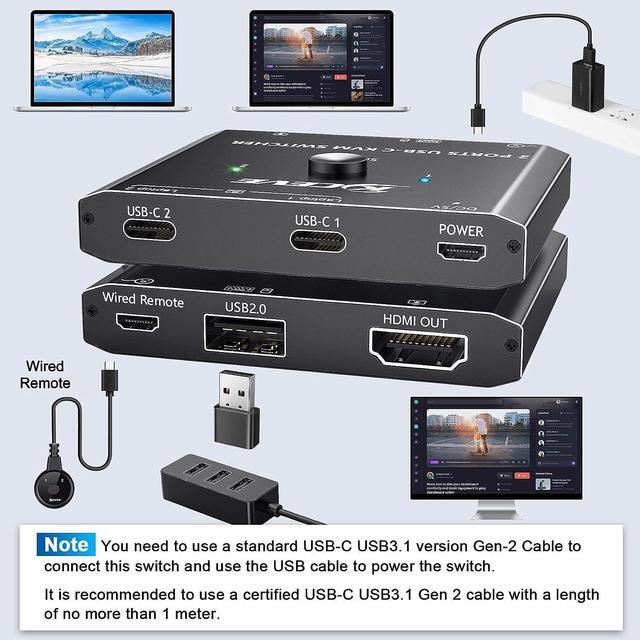 USB C KVM Switch 4K 60Hz USB C Switch For 2 Computers Share HDMI Display And Keyboard Mouse Type C KVM Switch Compatible With Windows And MacOS Wired Remote And Power Cable Included