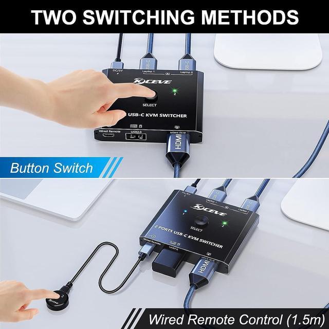 USB C KVM Switch 4K 60Hz USB C Switch For 2 Computers Share HDMI Display And Keyboard Mouse Type C KVM Switch Compatible With Windows And MacOS Wired Remote And Power Cable Included