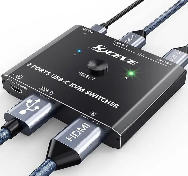 USB C KVM Switch 4K 60Hz USB C Switch for 2 Computers Share HDMI Display and Keyboard Mouse Type C KVM Switch Compatible with Windows and MacOS Wired Remote and Power Cable Included