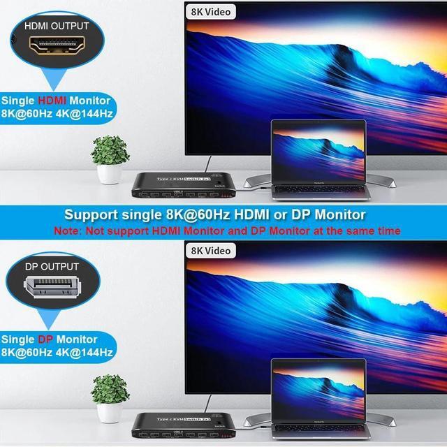 USB C KVM Switch 8K 60Hz 4K 120Hz 2 In 1 Out Type-C KVM Switch 100W Power Delivery For 2 Computers Share 1 HDMI/DisplayPort Monitor 7 USB Devices 3.5mm Audio Ethernet For Mac Windows