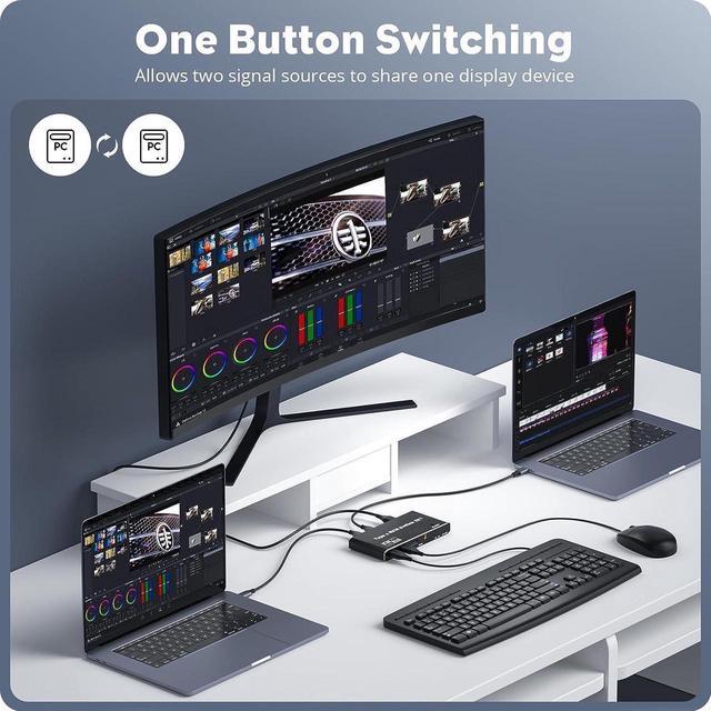 USB C KVM Switch 8K 60Hz 4K 120Hz 2 Port Type C KVM Switch For 2 Computers Share 1 Monitor [HDMI + DisplayPort Output] USB C KCM With 3 USB 2.0 Ports & 100W Power Delivery 2 USB-C Cables Included