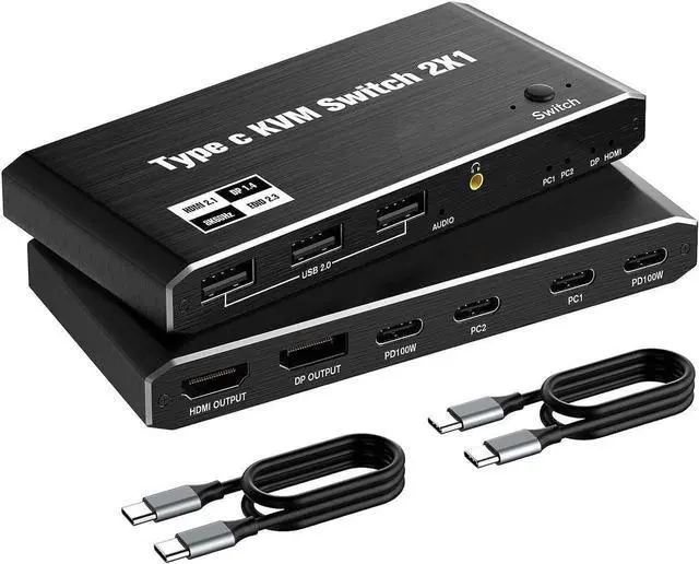 USB C KVM Switch 8K 60Hz 4K 120Hz 2 Port Type C KVM Switch for 2 Computers Share 1 Monitor [HDMI + DisplayPort Output] USB C KCM with 3 USB 2.0 Ports & 100W Power Delivery 2 USB-C Cables Included