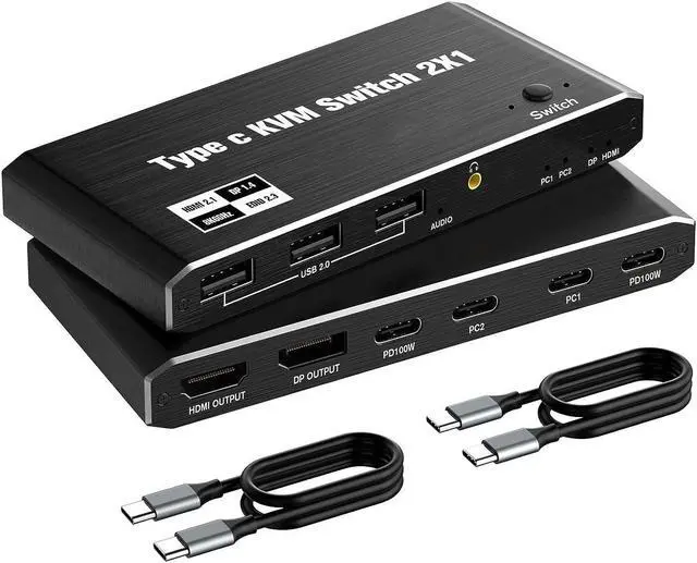 USB C KVM Switch 8K 60Hz 4K 120Hz 2 Port Type C KVM Switch for 2 Computers Share 1 Monitor [HDMI + DisplayPort Output] USB C KCM with 3 USB 2.0 Ports & 100W Power Delivery 2 USB-C Cables Included