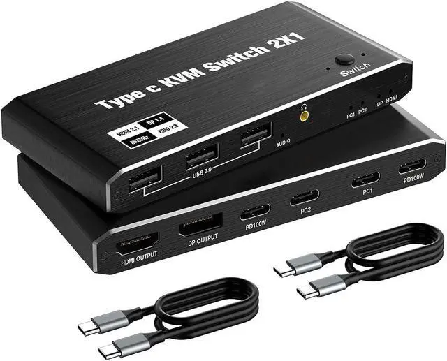 USB C KVM Switch 8K 60Hz 4K 120Hz 2 Port Type C KVM Switch for 2 Computers Share 1 Monitor [HDMI + DisplayPort Output] USB C KCM with 3 USB 2.0 Ports & 100W Power Delivery 2 USB-C Cables Included