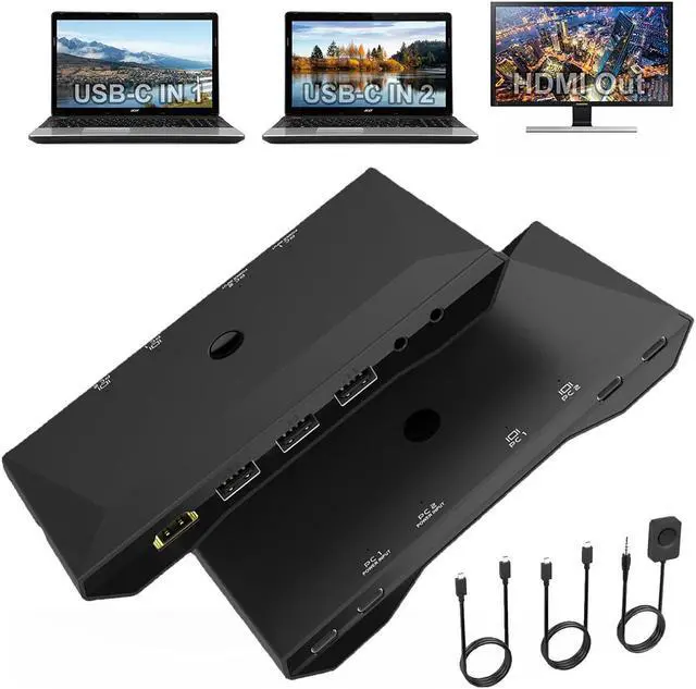 USB C KVM Switcher 4K 60Hz 2 in 1 Out Type-C KVM Switch for 2 Computers Share 1 HDMI Monitor + 3 USB Input + 2 PD 60W Input + Audio Microphone Output USB C KVM with 2 USB-C Cables and Wired Remote