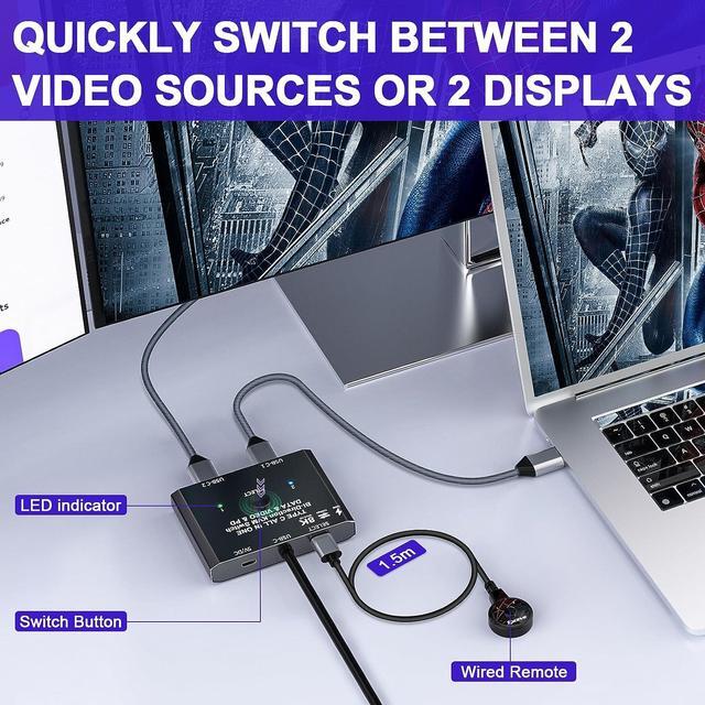 USB C Switch 2 In 1 Out / 1 In 2 Out Bi-Directional USB C Switcher 2 Computers USB C KVM Switch Support 8K 30Hz 4K 120Hz Video 10Gbps Data Transfer 2 USB-C Cables And Wired Controller Included