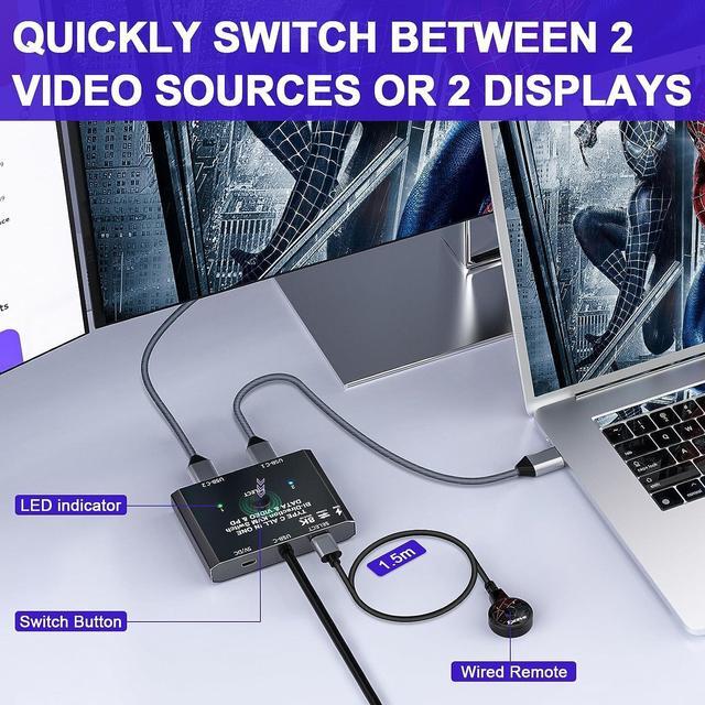 USB C Switch 2 In 1 Out / 1 In 2 Out Bi-Directional USB C Switcher 2 Computers USB C KVM Switch Support 8K 30Hz 4K 120Hz Video 10Gbps Data Transfer 2 USB-C Cables And Wired Controller Included