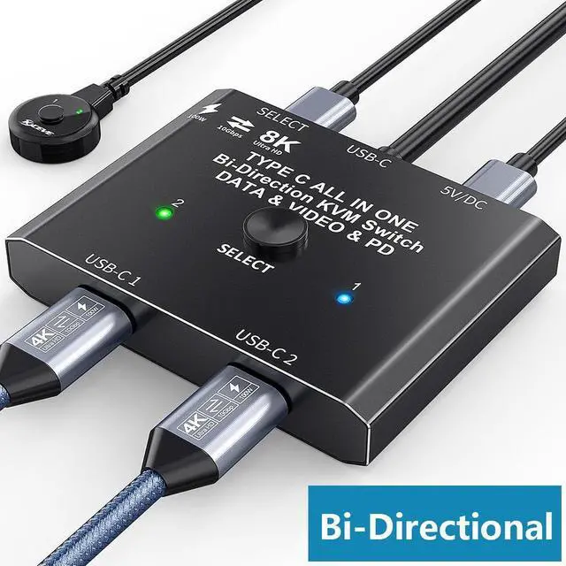 USB C Switch 2 in 1 Out / 1 in 2 Out Bi-Directional USB C Switcher 2 Computers USB C KVM Switch Support 8K 30Hz 4K 120Hz Video 10Gbps Data Transfer 2 USB-C Cables and Wired Controller Included
